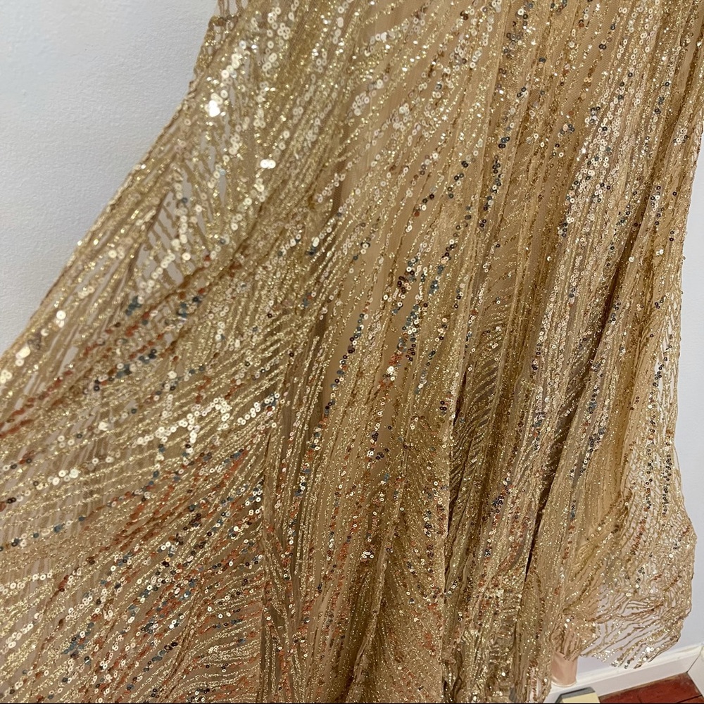 # Mac Duggal Light Gold Embellished Sequin Halter Neck Cross Back Gown - Picture 11 of 17